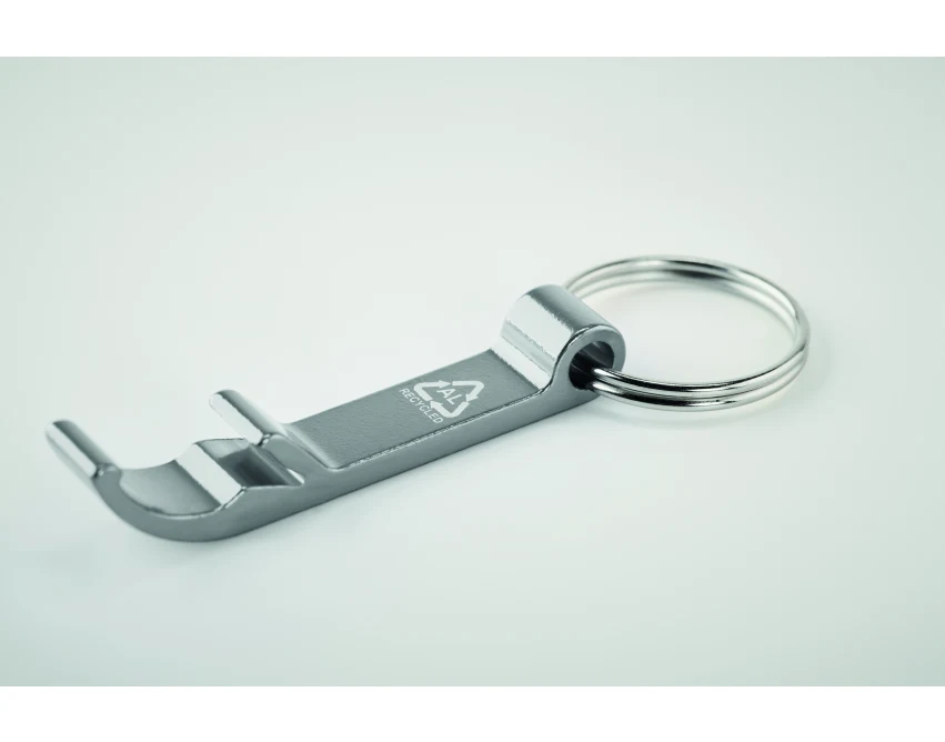 Srebrny aluminiowy brelok z recyklingu z otwieraczem i logo