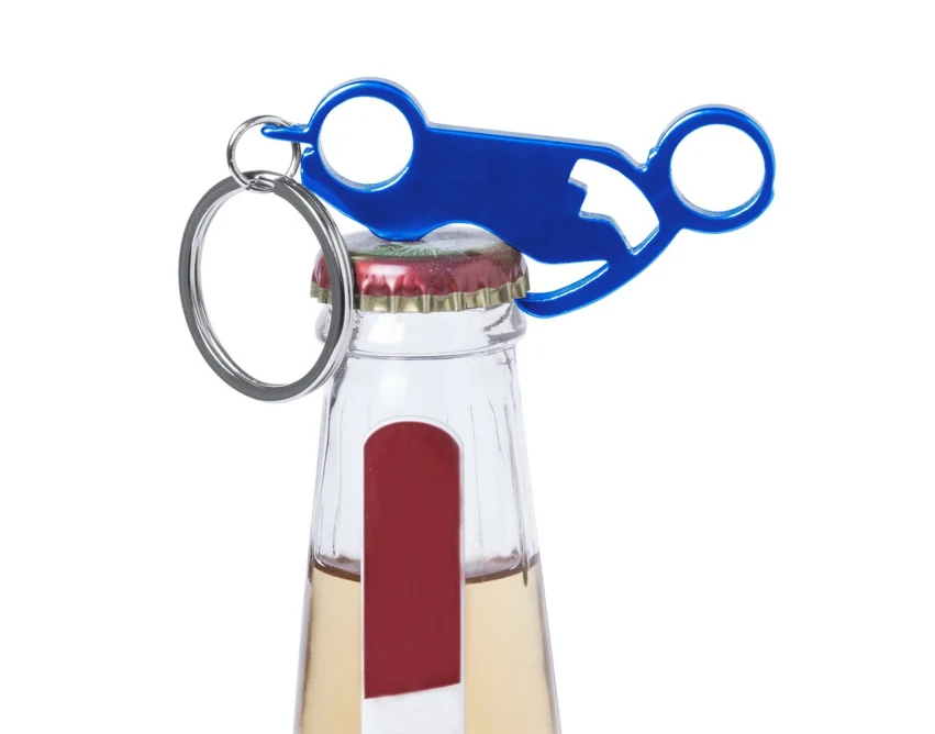 Granatowy brelok motocyklowy z otwieraczem i grawerem logo