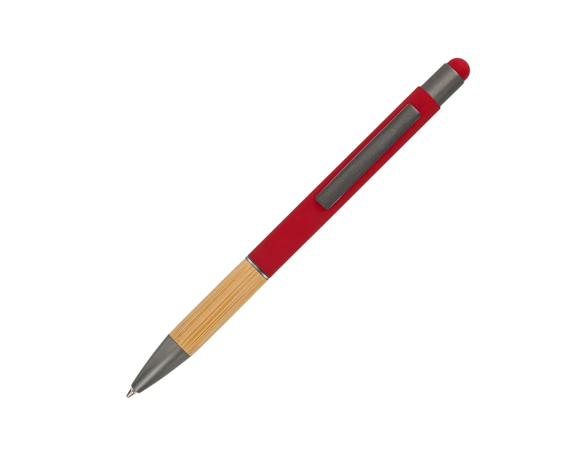 Czerwony długopis bambusowy z logo i końcówką do ekranów
