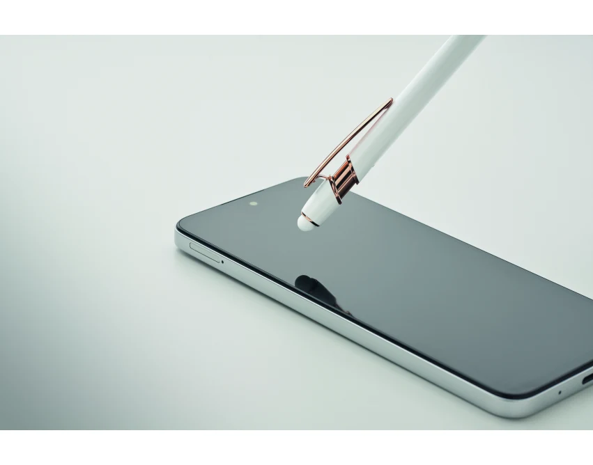 Biały długopis reklamowy z aluminium rose gold z logo