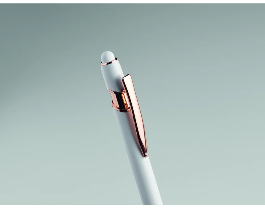 Biały długopis reklamowy z aluminium rose gold z logo
