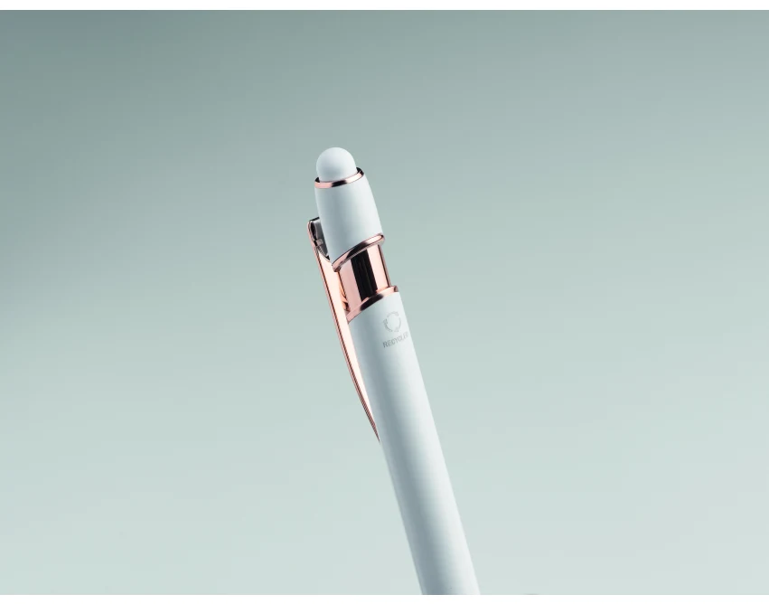 Biały długopis reklamowy z aluminium rose gold z logo