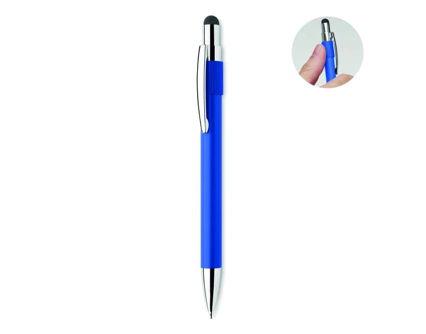 Niebieski długopis z rysikiem Edd – aluminium, logo