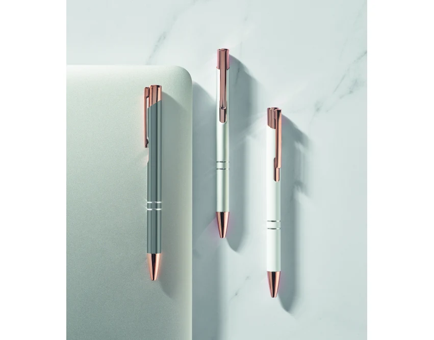 Biały długopis metalowy Bern rose z logo – aluminium z recyklingu