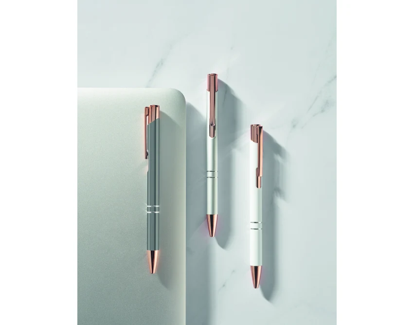 Biały długopis metalowy Bern rose z logo – aluminium z recyklingu