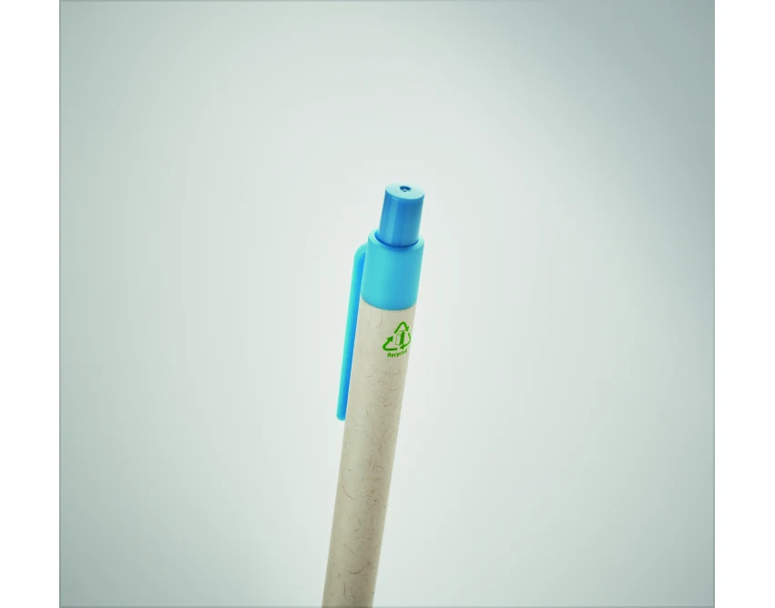 Turkusowy długopis eko z kartonu po mleku z logo