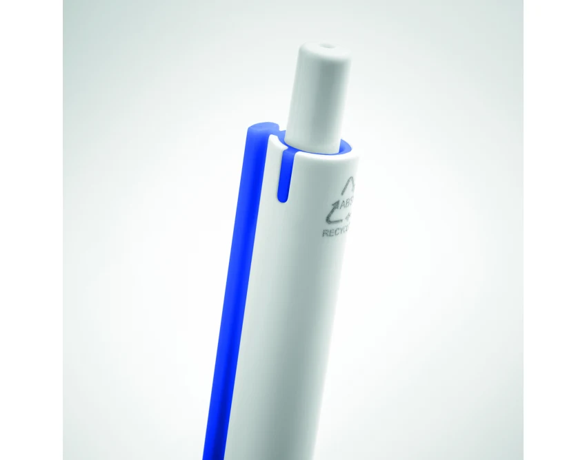Biały długopis reklamowy z recyklingu ABS, niebieski klips