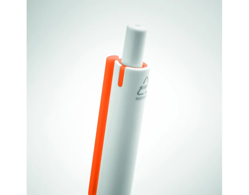 Biały długopis z pomarańczowym klipsem, ABS z recyklingu