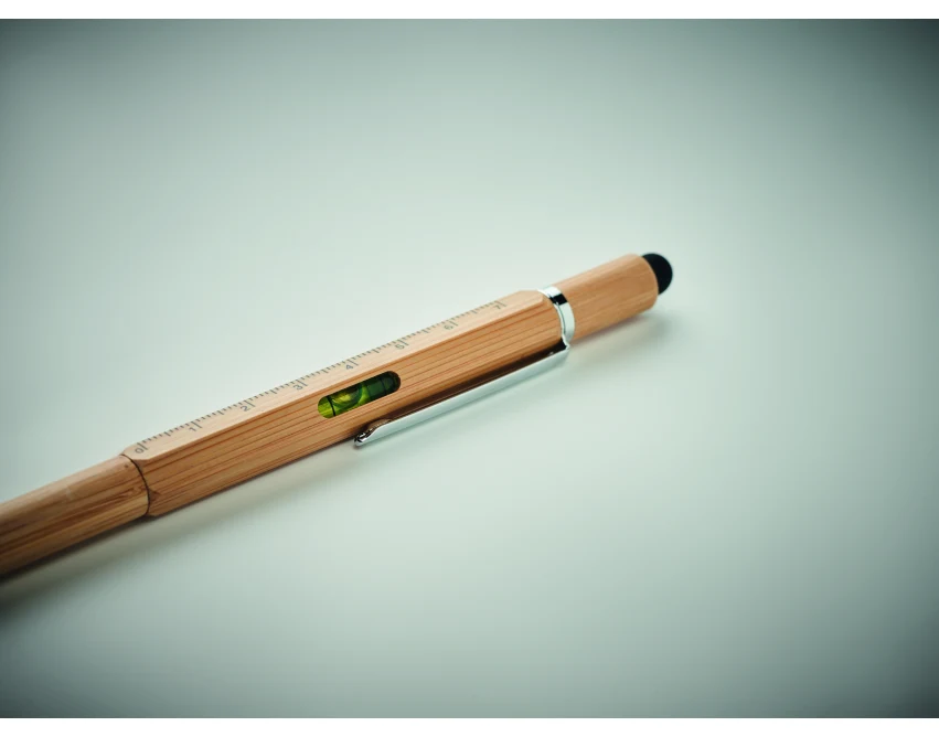 Bambusowy długopis Toolbam z poziomicą i linijką 7 cm