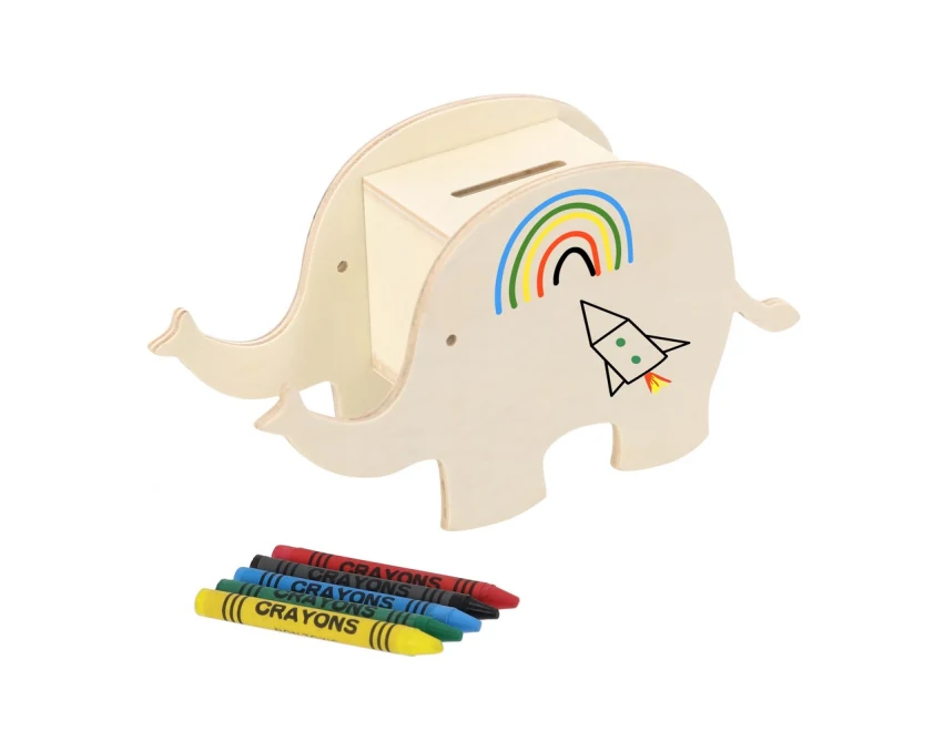 Drewniana skarbonka słoń do kolorowania z kredkami i logo