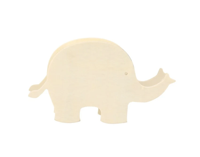 Drewniana skarbonka słoń do kolorowania z kredkami i logo