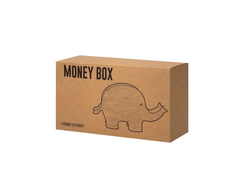 Drewniana skarbonka słoń do kolorowania z kredkami i logo