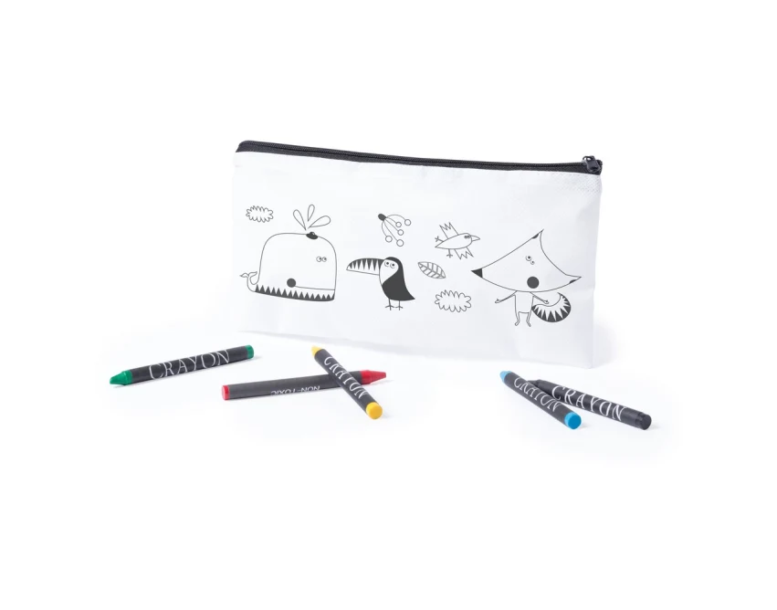 Biały piórnik do kolorowania z 5 kredkami i logo firmy