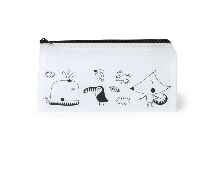 Biały piórnik do kolorowania z 5 kredkami i logo firmy