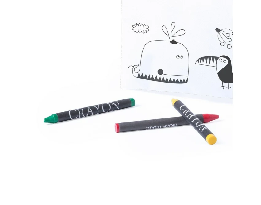 Biały piórnik do kolorowania z 5 kredkami i logo firmy