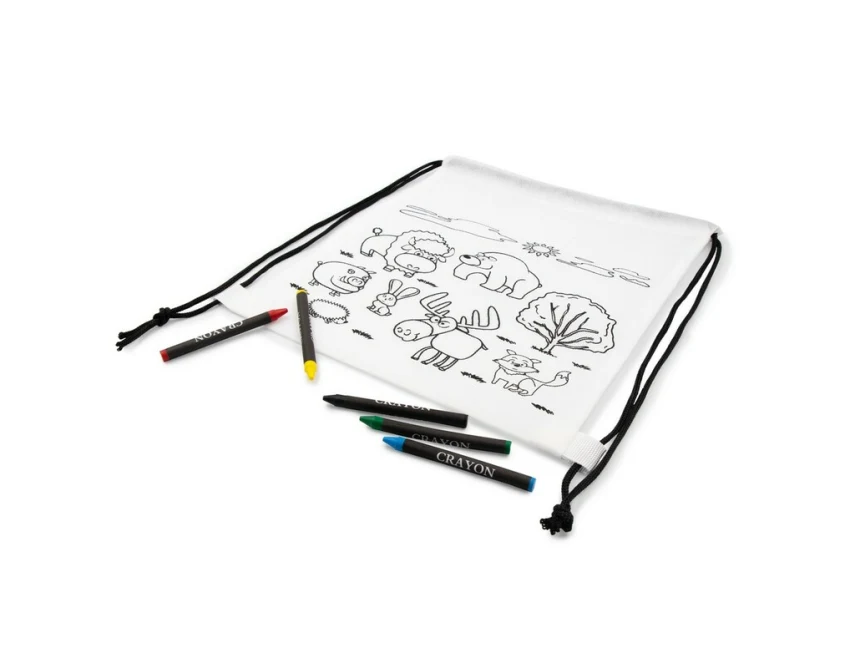 Biały worek do kolorowania z kredkami i logo firmy