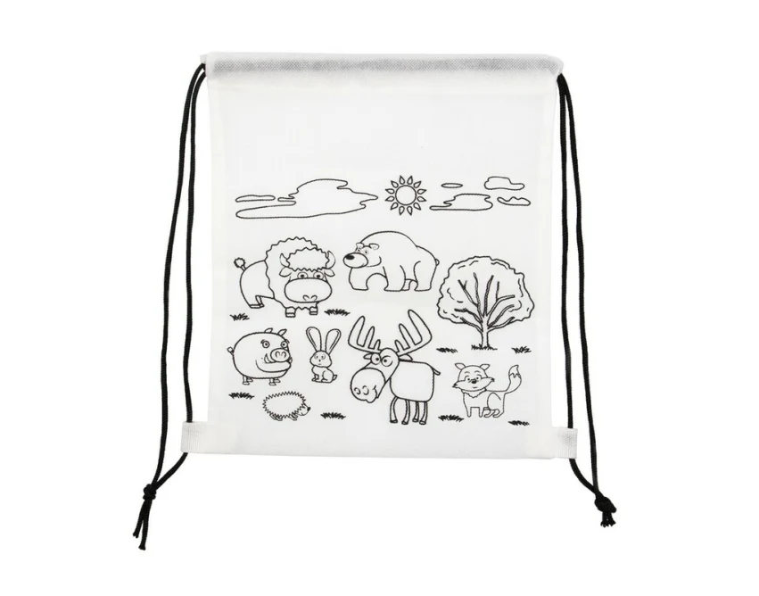 Biały worek do kolorowania z kredkami i logo firmy