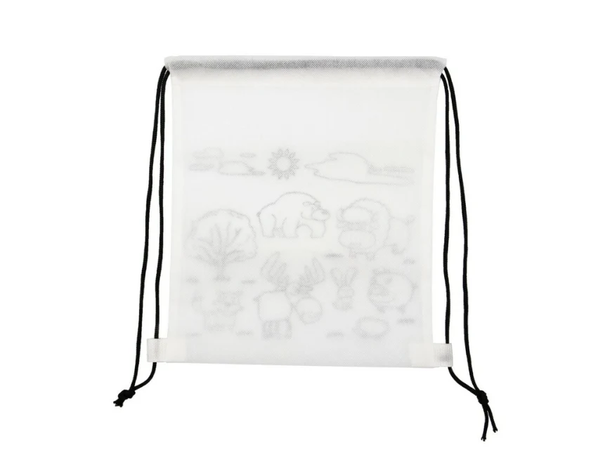 Biały worek do kolorowania z kredkami i logo firmy