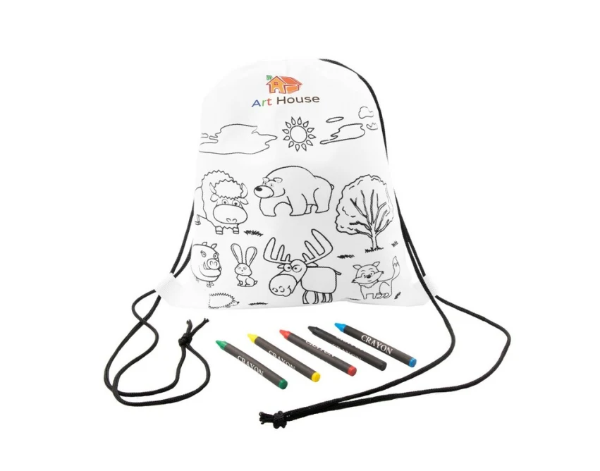 Biały worek do kolorowania z kredkami i logo firmy