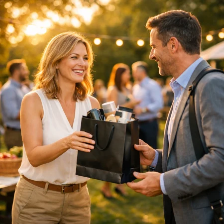 Hostessa wręcza upominek firmowy uczestnikowi pikniku firmowego