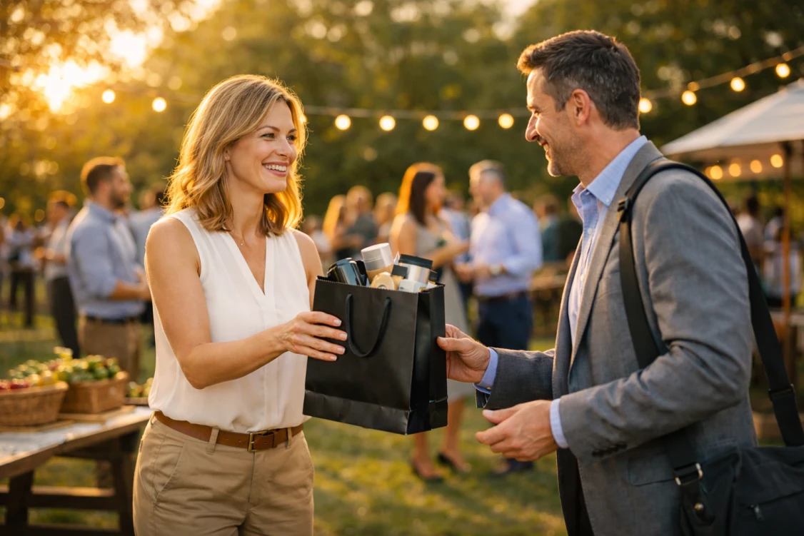 Hostessa wręcza upominek firmowy uczestnikowi pikniku firmowego