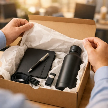Nowy pracownik rozpakowuje pudełko z firmowymi gadżetami