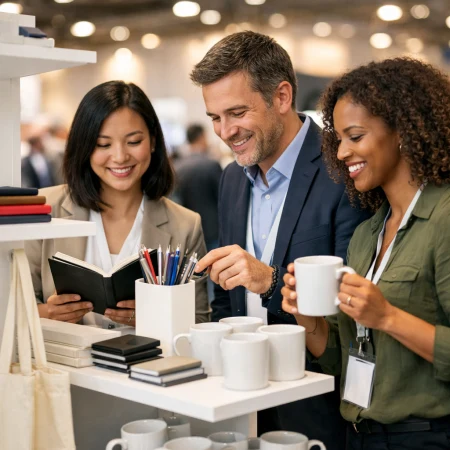 Zwiedzający targi oglądają stoisko pełne gadżetów firmowych