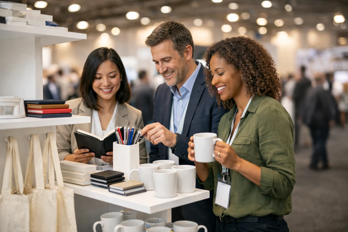 Zwiedzający targi oglądają stoisko pełne gadżetów firmowych