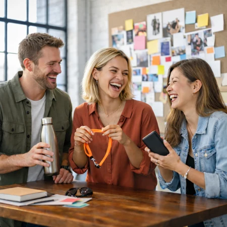 Zespół w loftowym biurze wybiera gadżety reklamowe podczas burzy mózgów