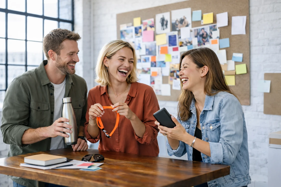 Zespół w loftowym biurze wybiera gadżety reklamowe podczas burzy mózgów