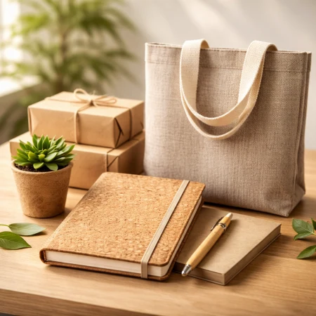 Ekologiczne gadżety z materiałów naturalnych i z recyklingu na tle kraftowego opakowania, eko i zero-waste.