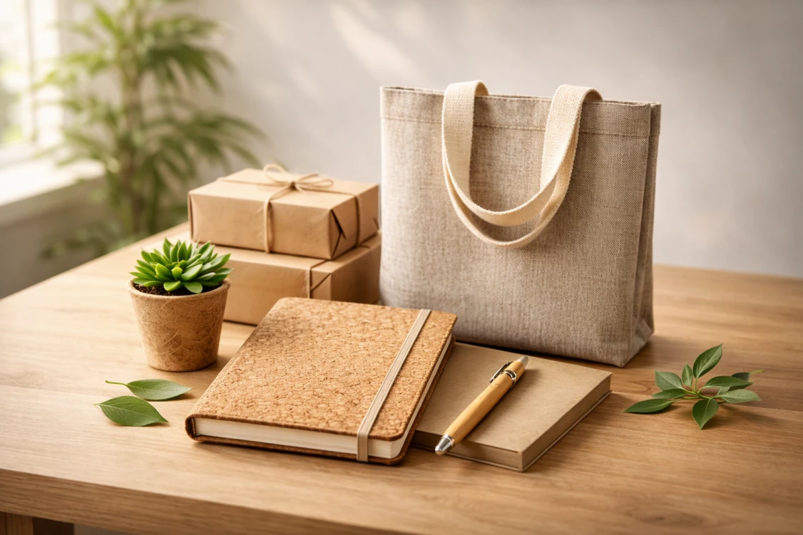 Ekologiczne gadżety z materiałów naturalnych i z recyklingu na tle kraftowego opakowania, eko i zero-waste.