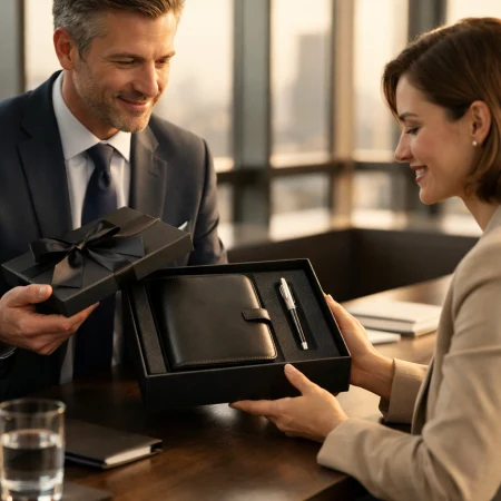 Przekazanie eleganckiego pudełka z gadżetami premium ważnemu klientowi