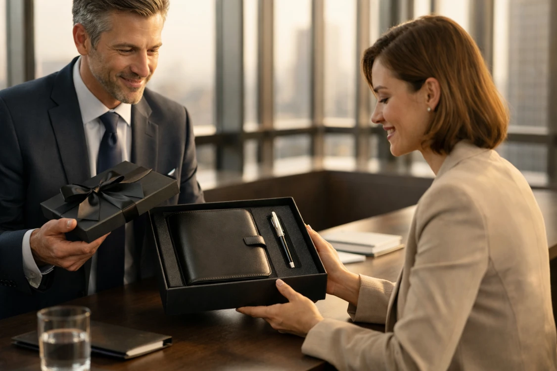 Przekazanie eleganckiego pudełka z gadżetami premium ważnemu klientowi