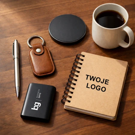 Kompozycja gadżetów biurowych leżących na drewnianym blacie.