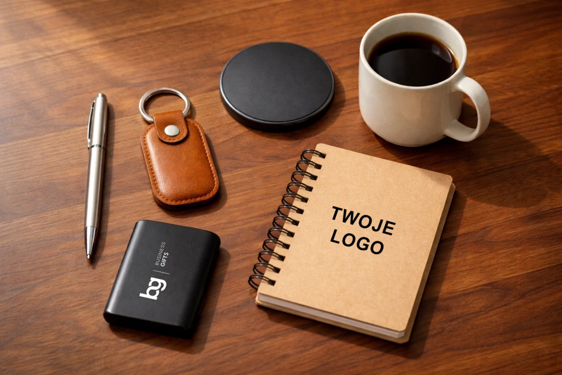 Kompozycja gadżetów biurowych leżących na drewnianym blacie.