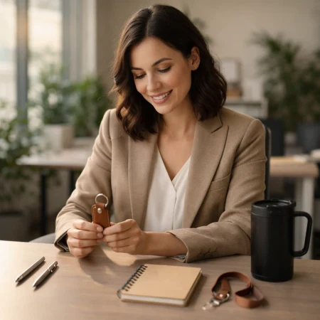 Kobieta analizuje różne gadżety firmowe na biurku