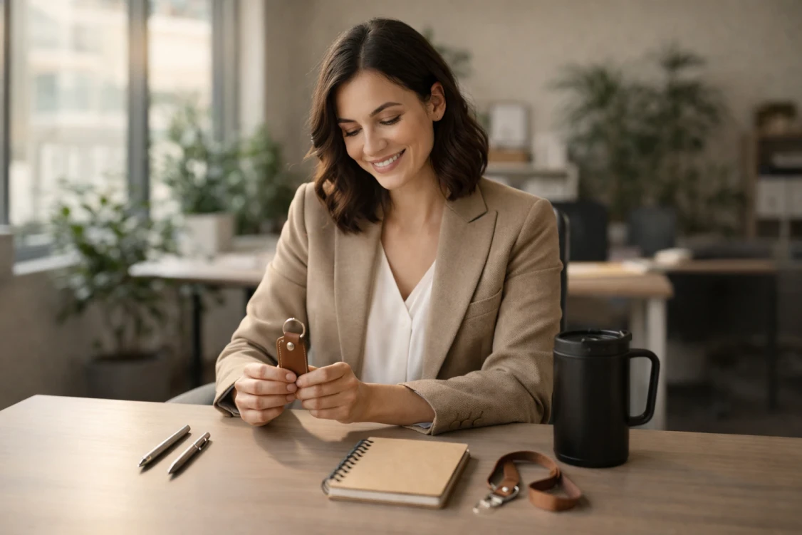 Kobieta analizuje różne gadżety firmowe na biurku