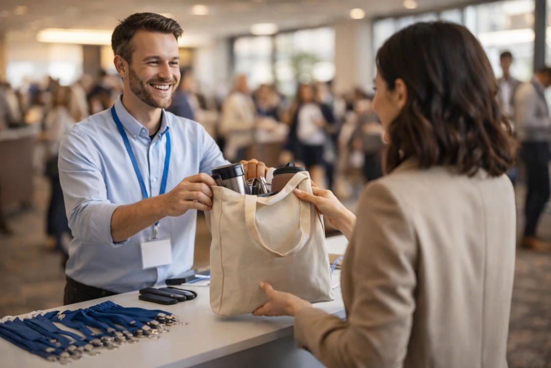 Uczestniczka odbiera torbę z upominkami firmowymi przy rejestracji