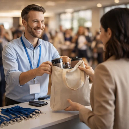 Uczestniczka odbiera torbę z upominkami firmowymi przy rejestracji