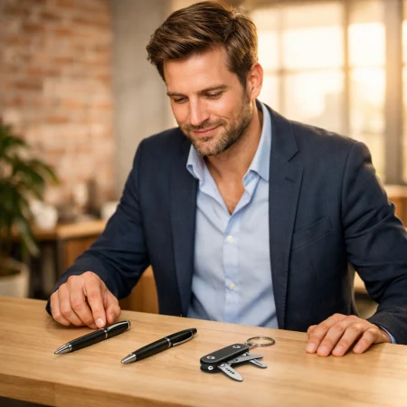 Mężczyzna porównuje kilka gadżetów reklamowych na biurku