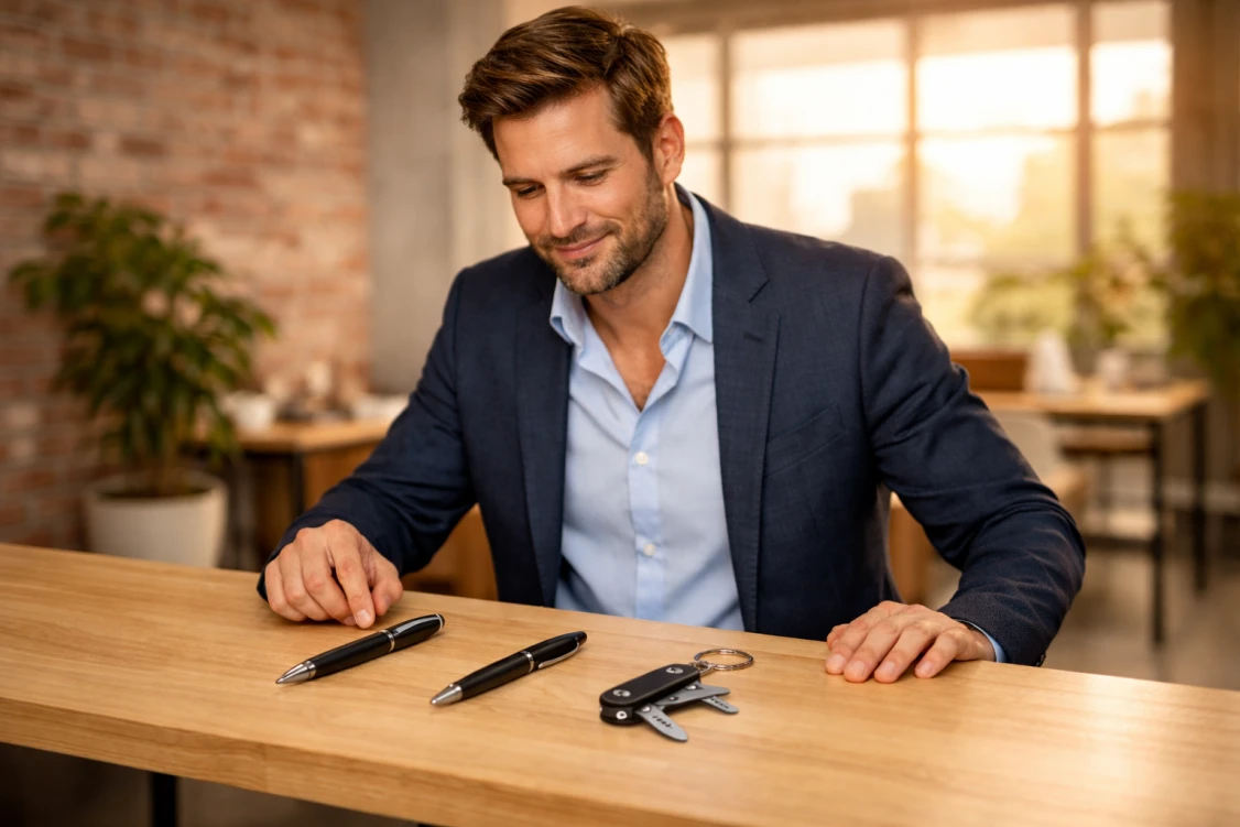 Mężczyzna porównuje kilka gadżetów reklamowych na biurku