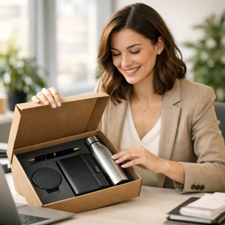 Uśmiechnięta kobieta otwiera pudełko z nowoczesnymi gadżetami biurowymi