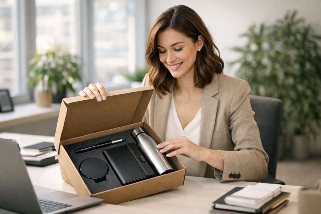 Uśmiechnięta kobieta otwiera pudełko z nowoczesnymi gadżetami biurowymi