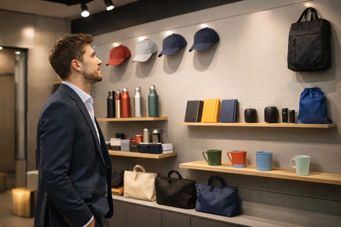 Mężczyzna ogląda w showroomie różnorodne gadżety promocyjne na ścianie