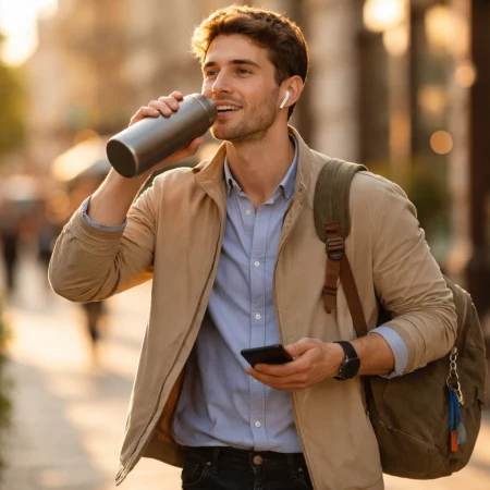 Młody mężczyzna w mieście używa swoich ulubionych gadżetów codziennie