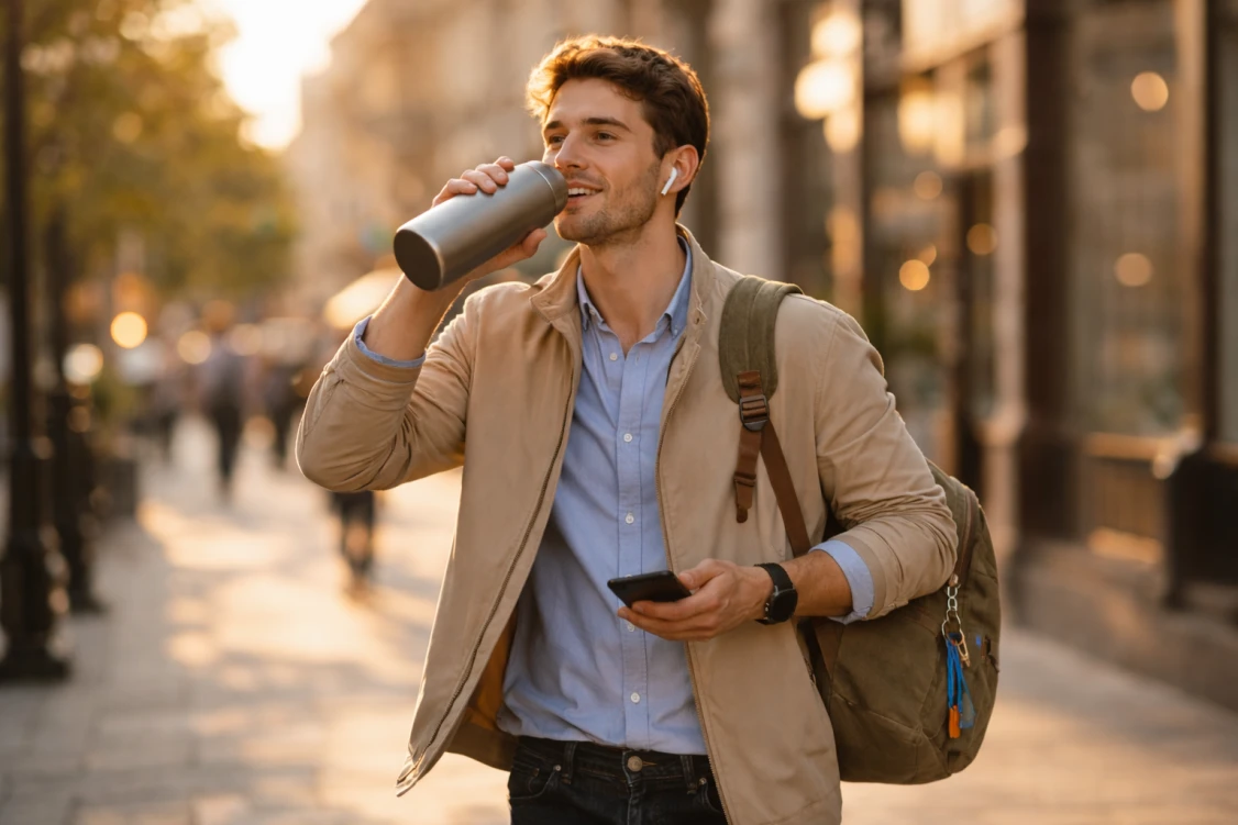 Młody mężczyzna w mieście używa swoich ulubionych gadżetów codziennie