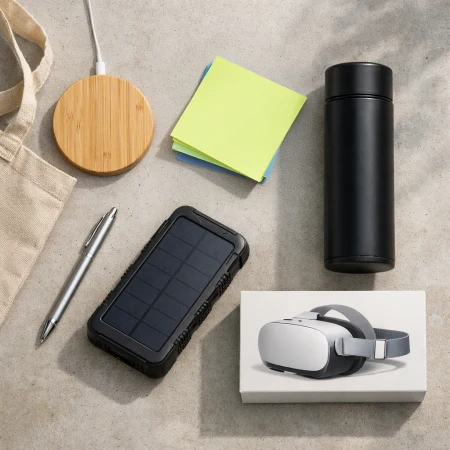 Różnorodne modne gadżety reklamowe 2026 ułożone w estetyczną kompozycję