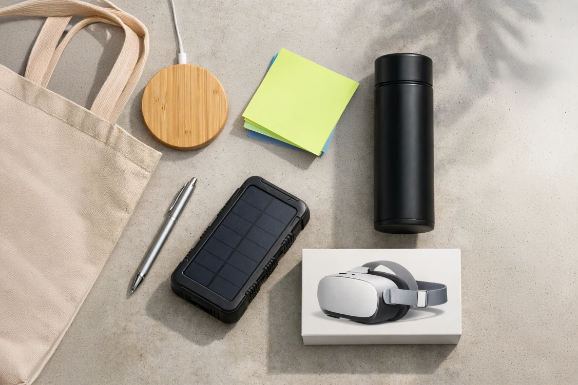 Różnorodne modne gadżety reklamowe 2026 ułożone w estetyczną kompozycję