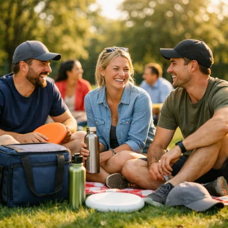 Pracownicy korzystają z gadżetów firmowych podczas pikniku w parku